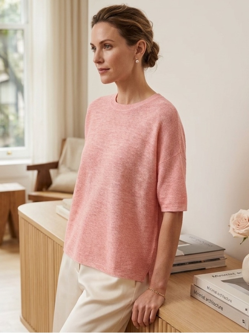 Eileen Fisher Organic Linen Peach Round Neck Sweater XS Minimalist Coastal